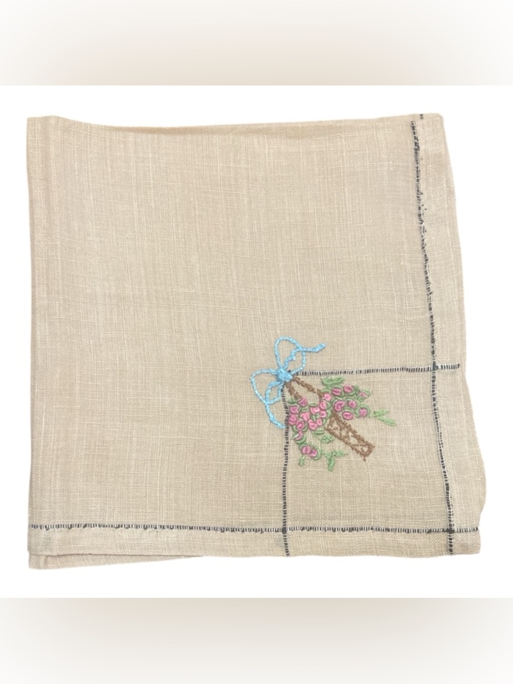 Vintage Embroidered Handkerchief Basket of Flowers Blue Bow Black Edge 10x10